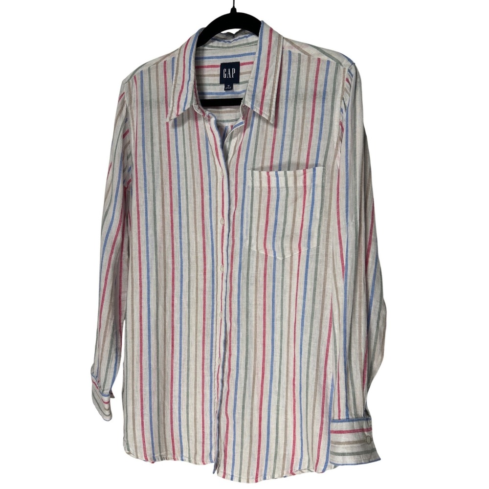 Gap Linen Blend Striped Button Down Shirt Multi Color Women's Medium EUC